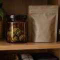 Frasco ámbar cerrado y bolsa opaca resellable para almacenar flores de cáñamo.