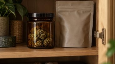 Frasco ámbar cerrado y bolsa opaca resellable para almacenar flores de cáñamo.