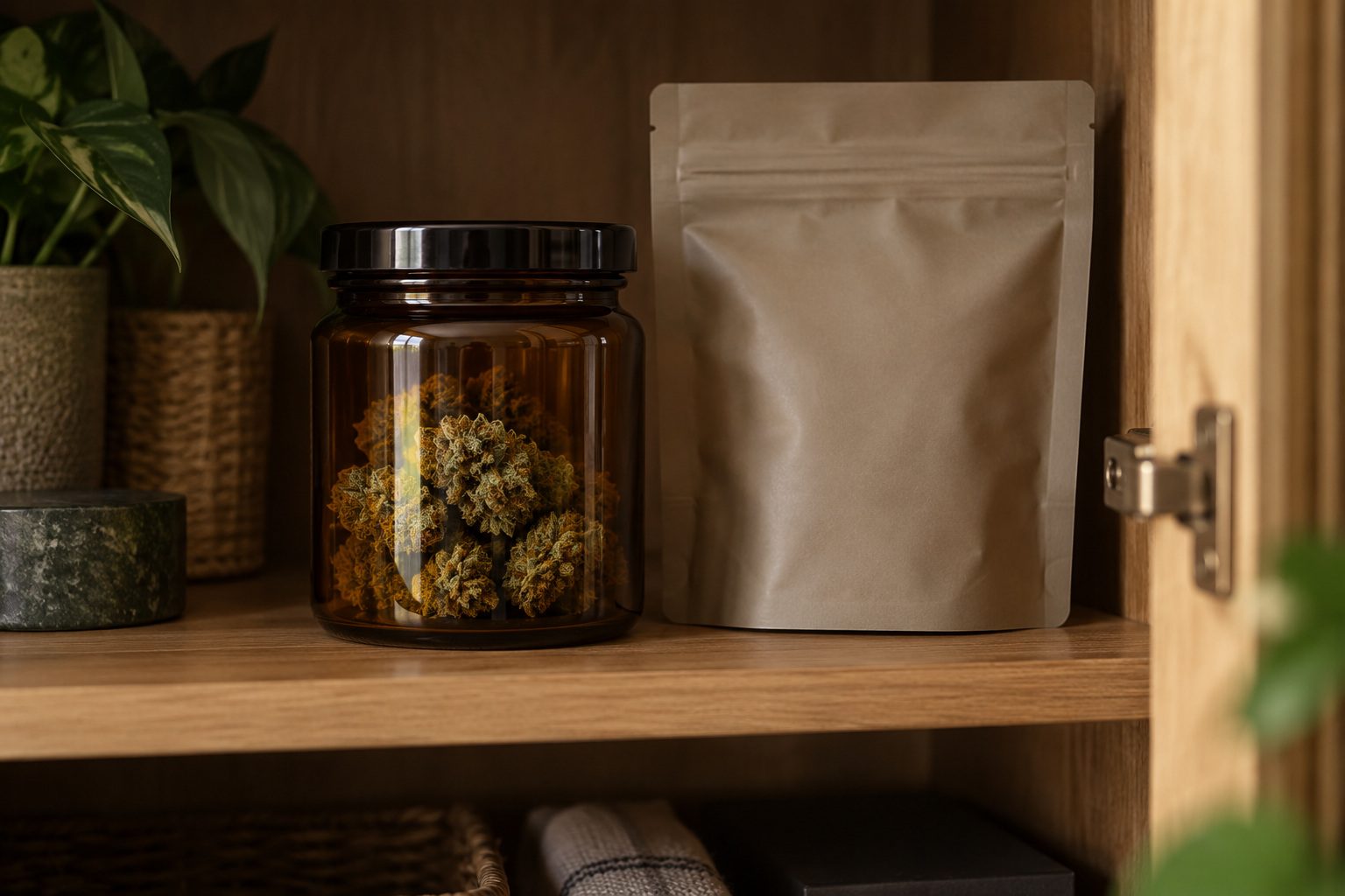 Frasco ámbar cerrado y bolsa opaca resellable para almacenar flores de cáñamo.