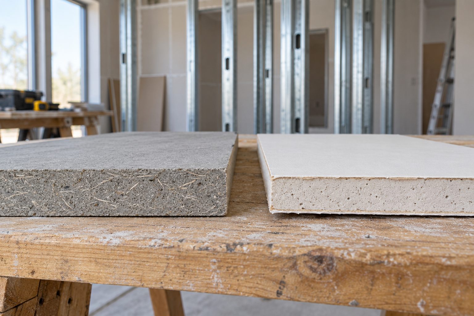 Muestra de placa homogénea con fibras junto a una placa de yeso con revestimiento de papel en un taller de construcción