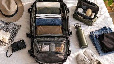 Mochila de viaje abierta con ropa y accesorios organizados