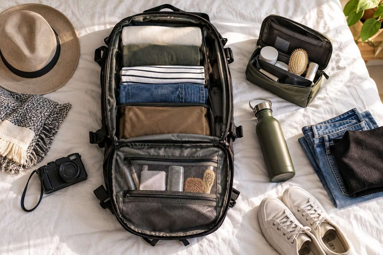 Mochila de viaje abierta con ropa y accesorios organizados