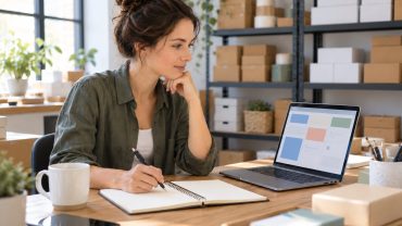 Responsable de una pequeña empresa revisa una interfaz de gestión en un portátil junto a un cuaderno y cajas de inventario