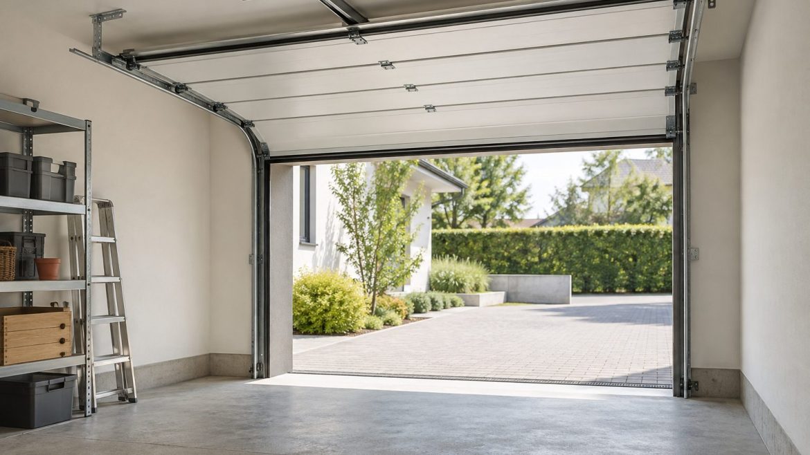 Interior de un garaje residencial con una puerta seccional parcialmente elevada, guías bajo el techo y acceso despejado.