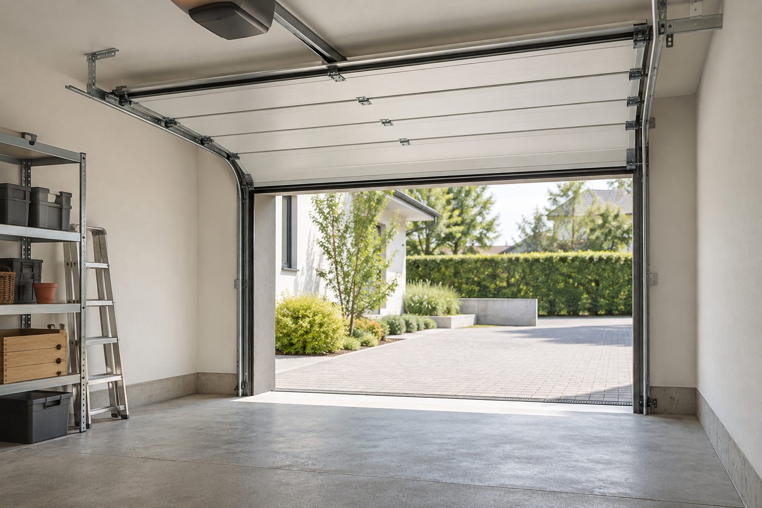 Interior de un garaje residencial con una puerta seccional parcialmente elevada, guías bajo el techo y acceso despejado.
