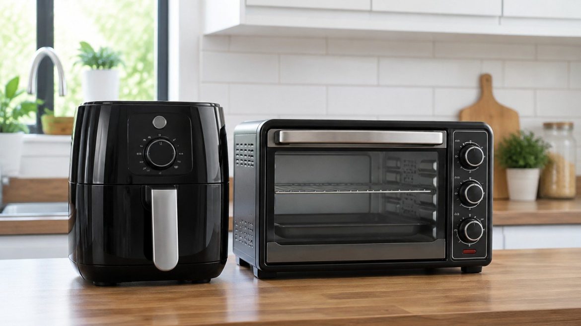 Freidora de aire y horno compacto colocados juntos en una cocina