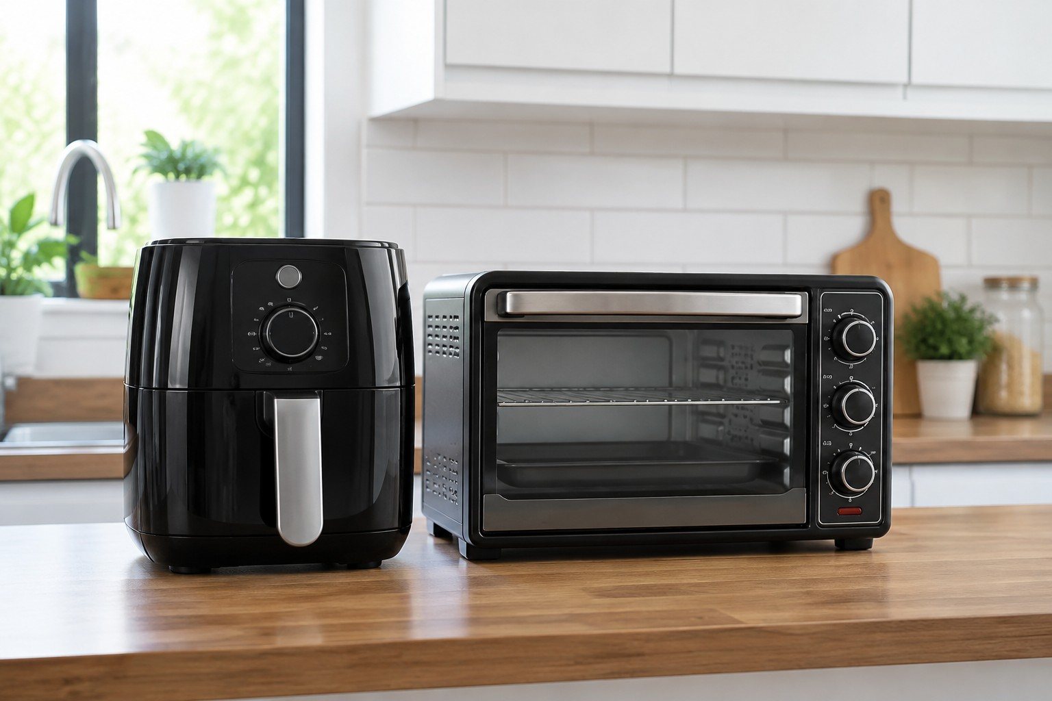 Freidora de aire y horno compacto colocados juntos en una cocina