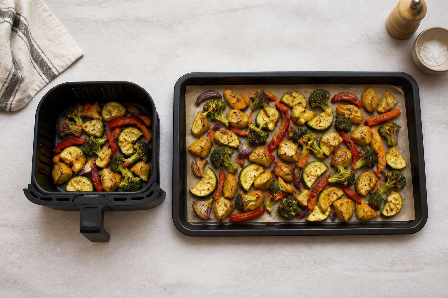 Cesta de freidora y bandeja de horno con verduras asadas