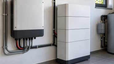 Inversor y batería modular genéricos instalados con conducciones ordenadas en un cuarto técnico