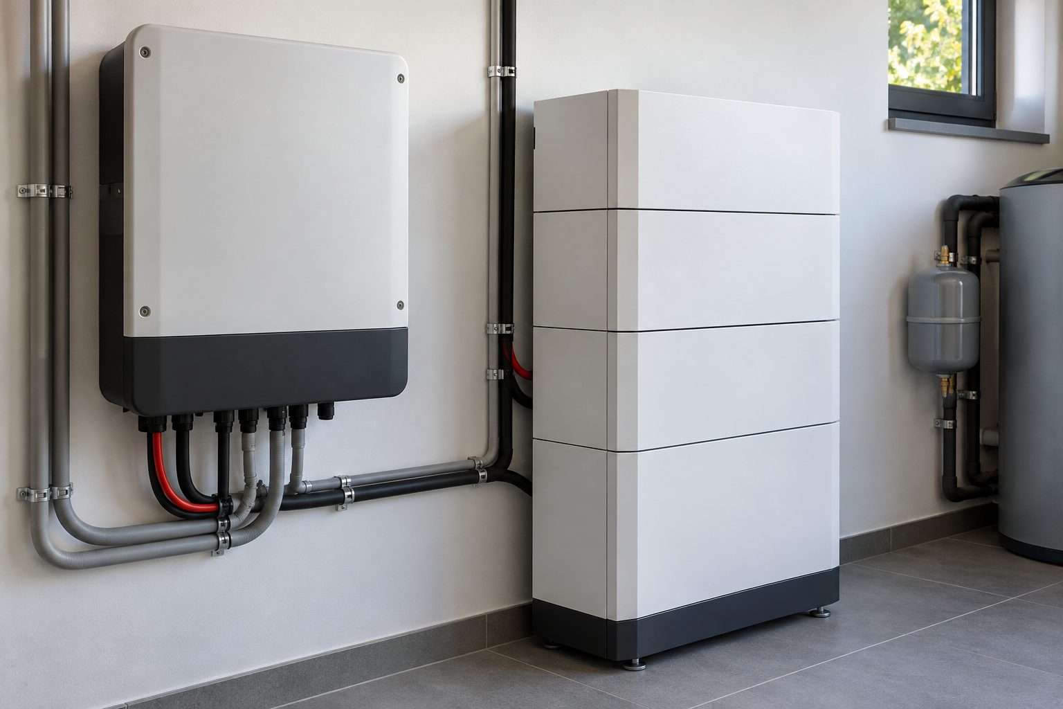 Inversor y batería modular genéricos instalados con conducciones ordenadas en un cuarto técnico