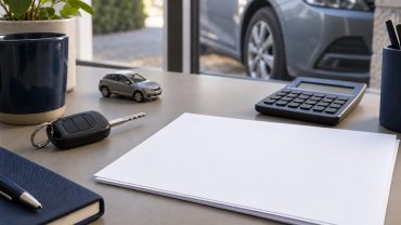 Llave de coche, calculadora y papeles sobre una mesa con un vehículo al fondo