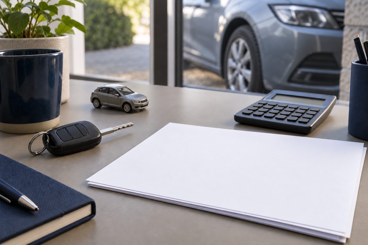 Llave de coche, calculadora y papeles sobre una mesa con un vehículo al fondo